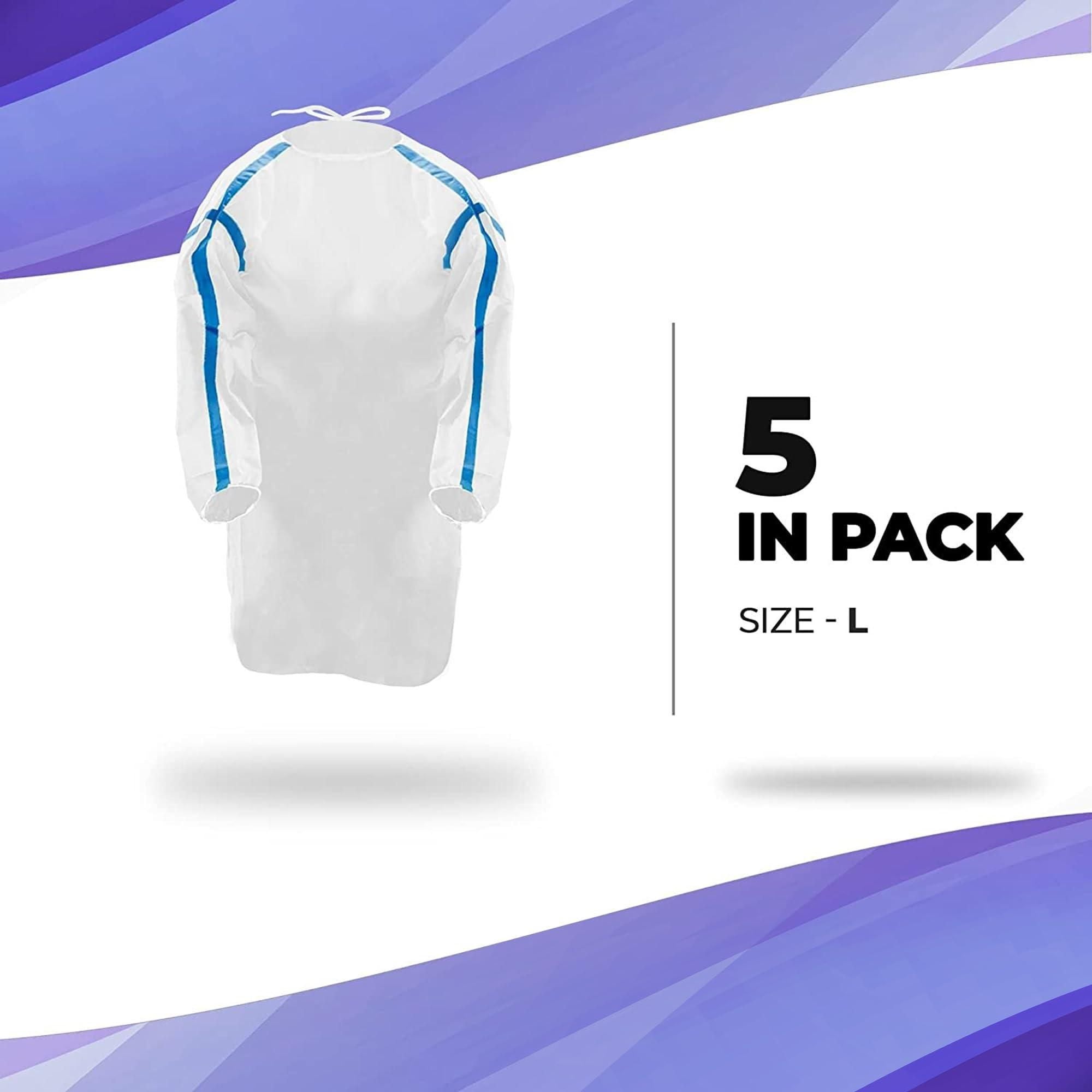 Medical Supply Disposable Isolation Gowns Pack of 5 White Adult Gowns Large Size 35 GSM SMS Gowns with Tie Back Closure Elastic Cuffs Non sterile Surgical Gowns for Men Women