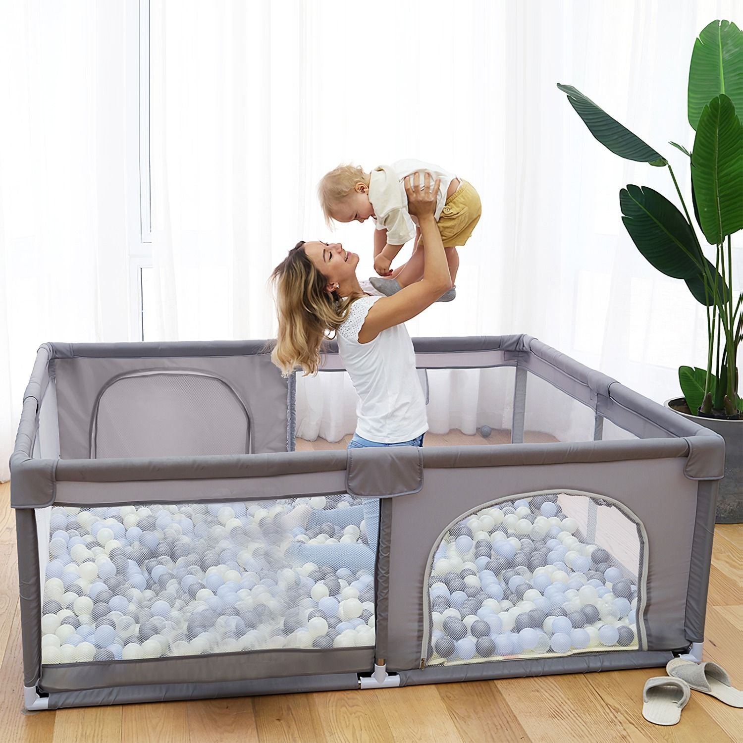 Baby Play Yard 50x50x24in Infant Play Game Child Fence Play Yards Breathable Kids Activity Center with Anti-Slip Suction Base 2 Zipper Doors for Infants Toddlers
