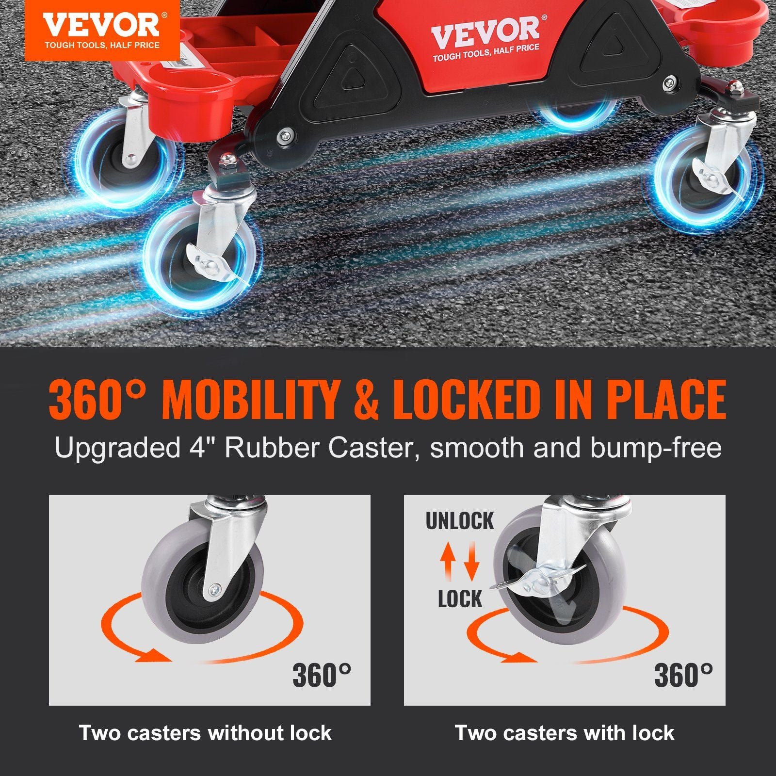 VEVOR Mechanics Stool, 300 LBS Capacity Rolling Mechanic Seat with 4