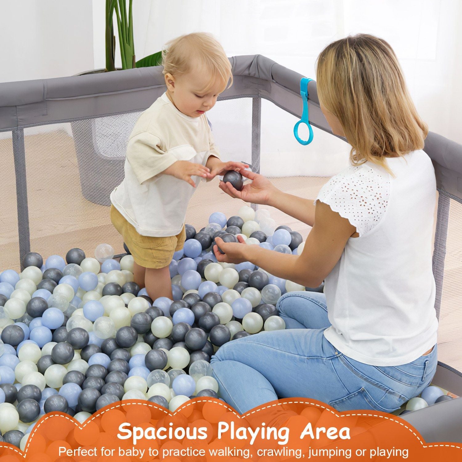 Baby Play Yard 50x50x24in Infant Play Game Child Fence Play Yards Breathable Kids Activity Center with Anti-Slip Suction Base 2 Zipper Doors for Infants Toddlers