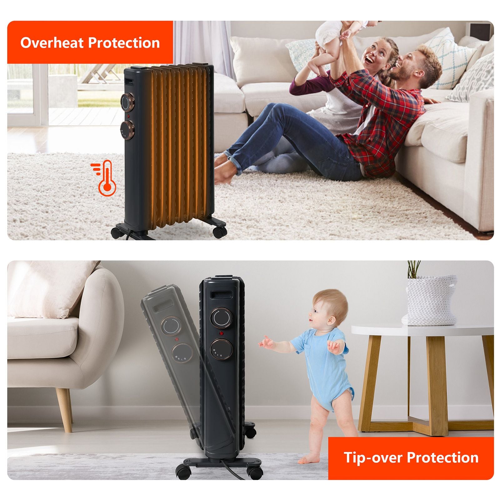 1500W Oil Filled Radiator Heater with 3 Heating Modes Portable Electric Space Heater, Black