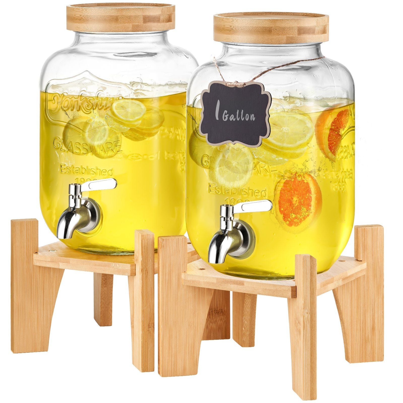 VEVOR Beverage Dispenser, 1 Gallon Drink Dispensers for Parties, 2PC, Glass Juice Dispenser with Stand, Stainless Steel Spigot, Iced Tea Lemonade Juice Water Dispenser, for Restaurants, Hotels, Party