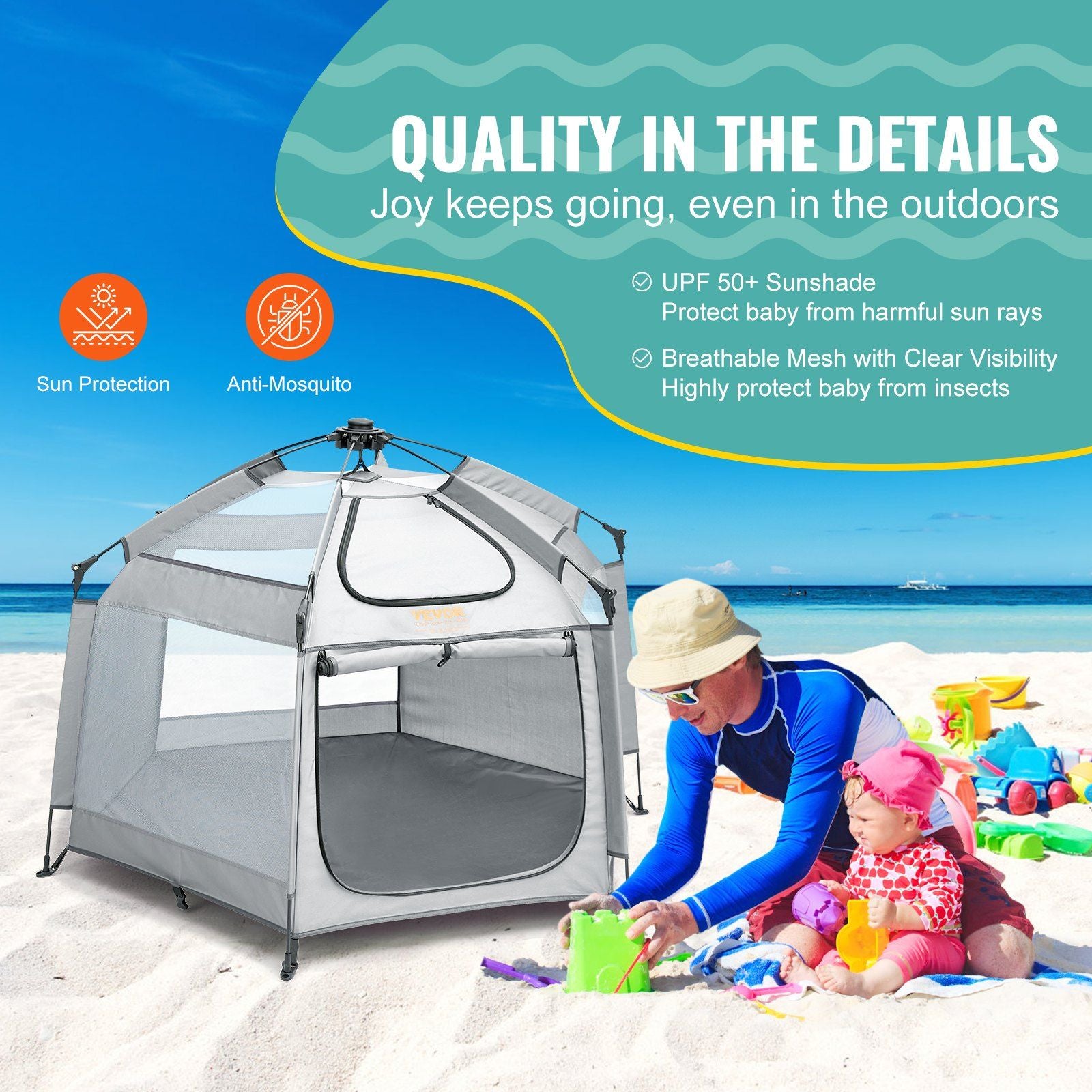 VEVOR Baby Playpen with Canopy, Indoor/Outdoor Portable Playpen for Babies and Toddler, Lightweight & Foldable, Pop Up Toddler Play Yard with 3 Sun-Shades & Travel Bag for Park Beach Home, 59.8