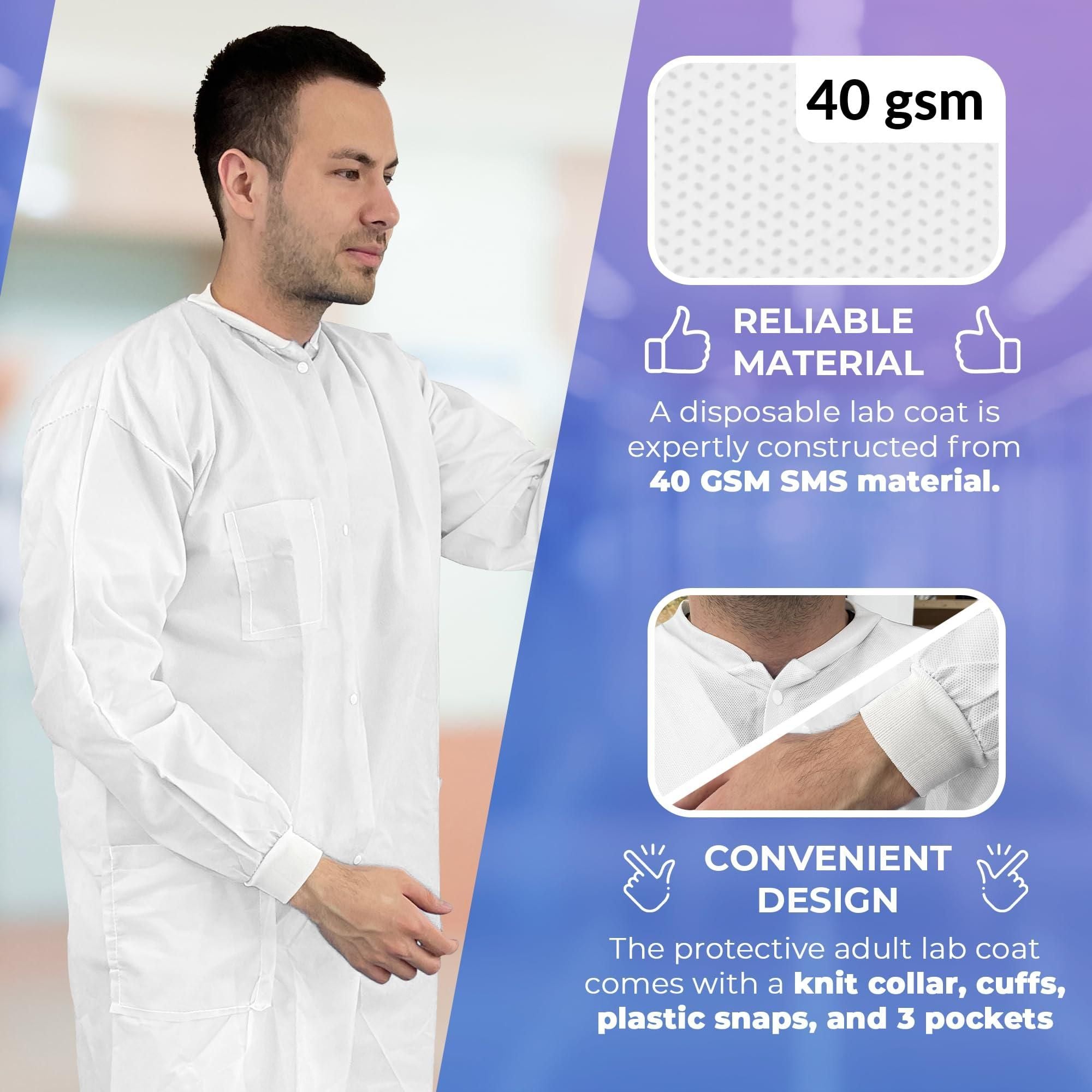 Medical Supply Disposable Lab Coats for Adults Large Size Pack of 10 White SMS Knee Length Lab Coat Disposable 40 GSM Disposable Coats Medical Painting Lab Coat with Cuffs Collar 3 Pockets