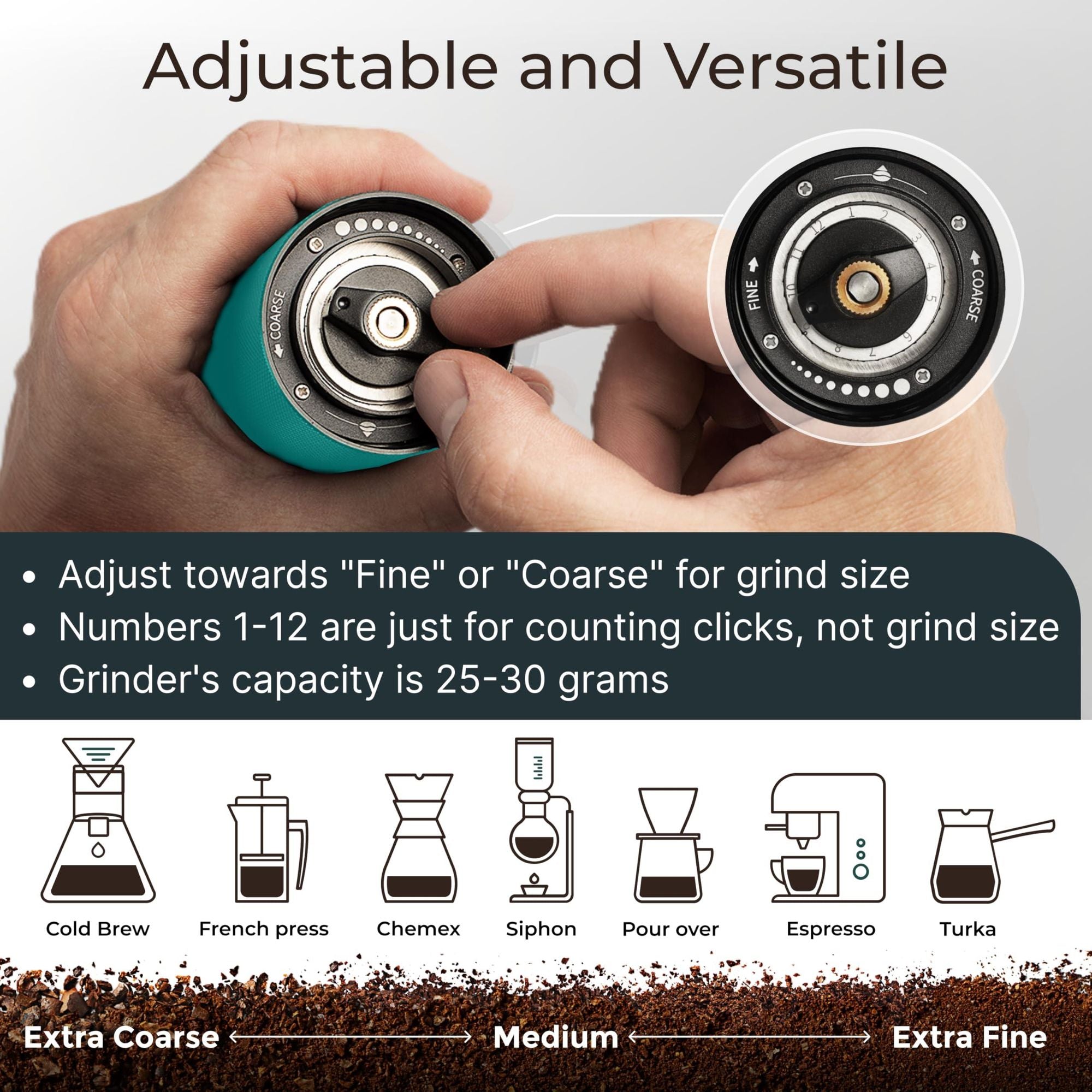 Manual Coffee Grinder Aqua Sky Color Stainless Steel Conical Burr Coffee Grinder Manual with Adjustable Setting Double Bearing Hand Espresso Grinder Perfect for Home Office and Camping