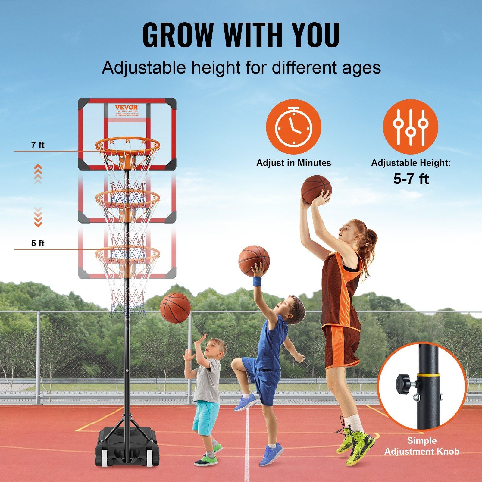 VEVOR Basketball Hoop, 5-7 ft Adjustable Height Portable Backboard System, 28 inch Basketball Hoop & Goal, Kids & Adults Basketball Set with Wheels, Stand, and Fillable Base, for Outdoor/Indoor