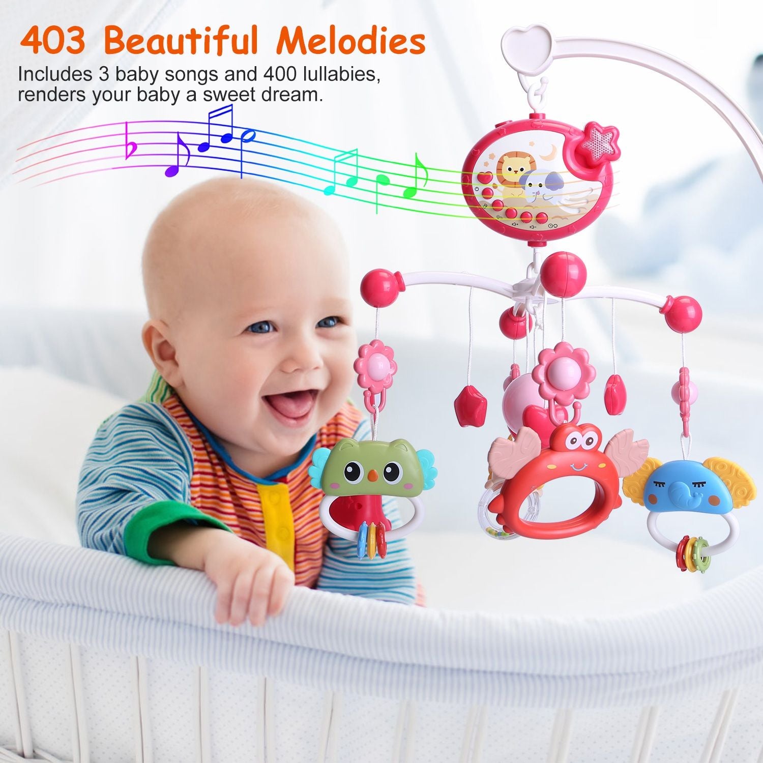 Baby Musical Crib Bed Bell Rotating Mobile Star Projection Nursery Light Baby Rattle Toy with Music Box Remote Control