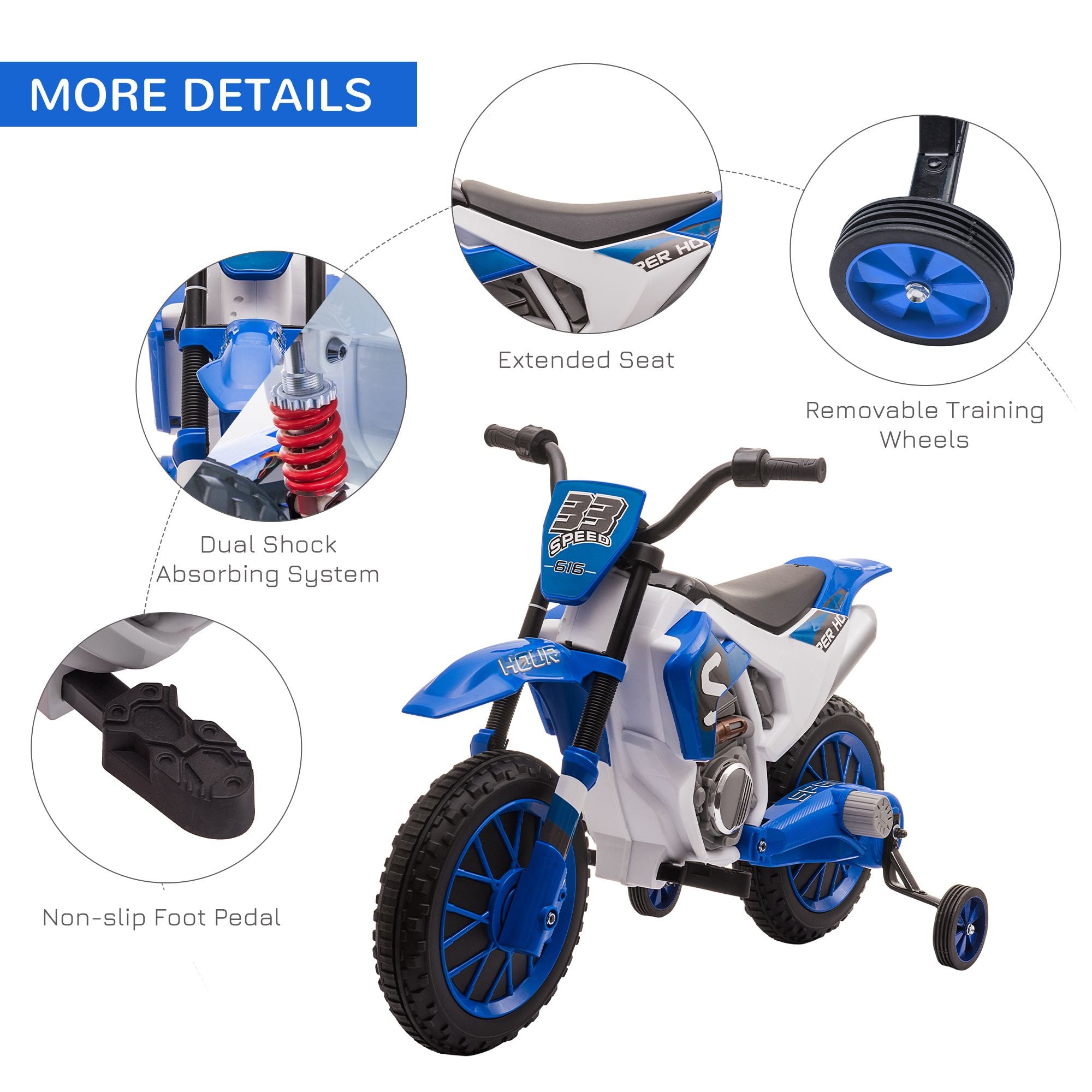 Aosom 12V Kids Motorcycle Dirt Bike Electric Battery-Powered Ride-On Toy Off-road Street Bike with Charging Battery, Training Wheels Blue