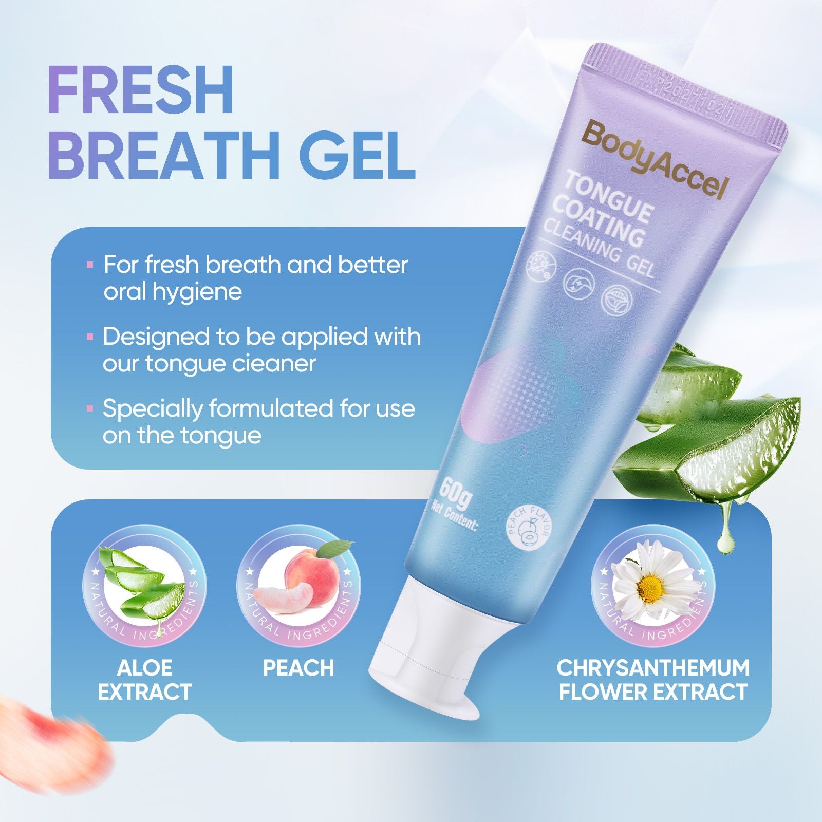 Bodyaccel Tongue cleansing gel tongue gel and Tongue brush Tongue coating clean Fresh breath Plant extraction formula no preservatives Qinshuang Ice peach single pack.