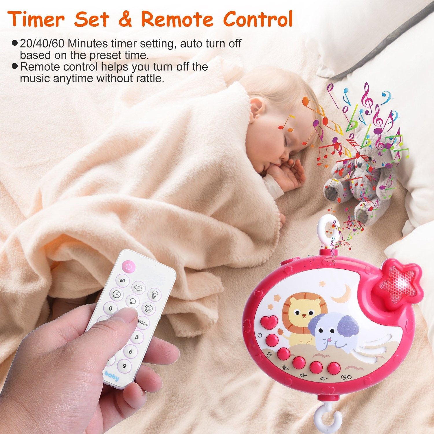 Baby Musical Crib Bed Bell Rotating Mobile Star Projection Nursery Light Baby Rattle Toy with Music Box Remote Control