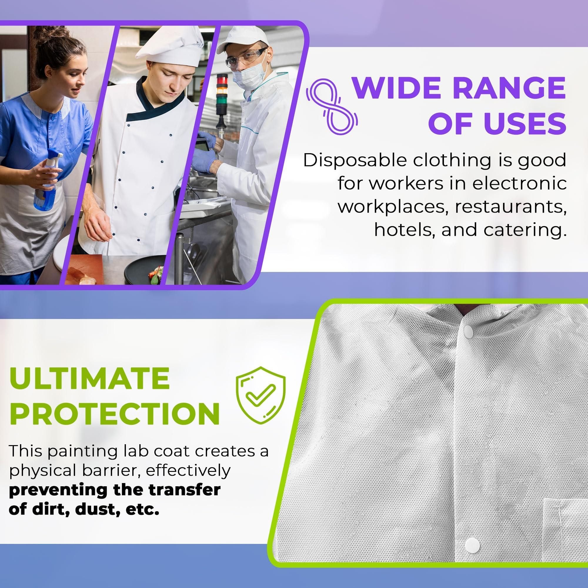 Medical Supply Disposable Lab Coats for Adults Large Size Pack of 10 White SMS Knee Length Lab Coat Disposable 40 GSM Disposable Coats Medical Painting Lab Coat with Cuffs Collar 3 Pockets