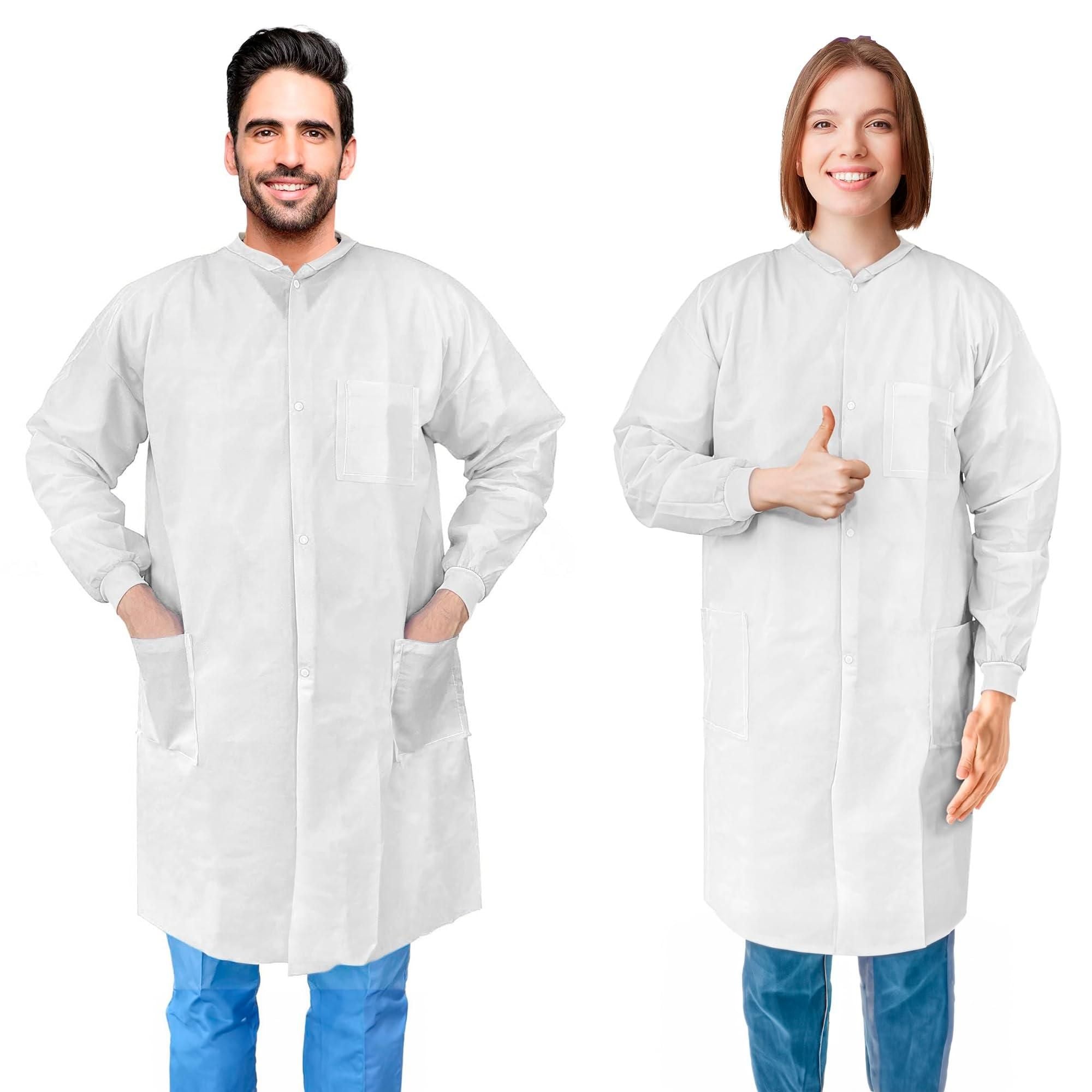Medical Supply Disposable Lab Coats for Adults Large Size Pack of 10 White SMS Knee Length Lab Coat Disposable 40 GSM Disposable Coats Medical Painting Lab Coat with Cuffs Collar 3 Pockets