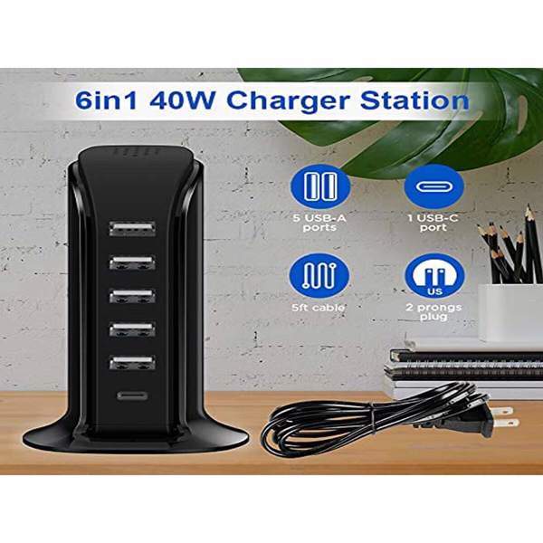 USB Charger Block 6 In 1 Upoy, 40W USB C Charger 3A, Charging Hub With 5 USB Ports(Shared 6A) For Multiple Electronics, USB Charging Station Multiports, Universal Desktop Phone Charger Travel Ready