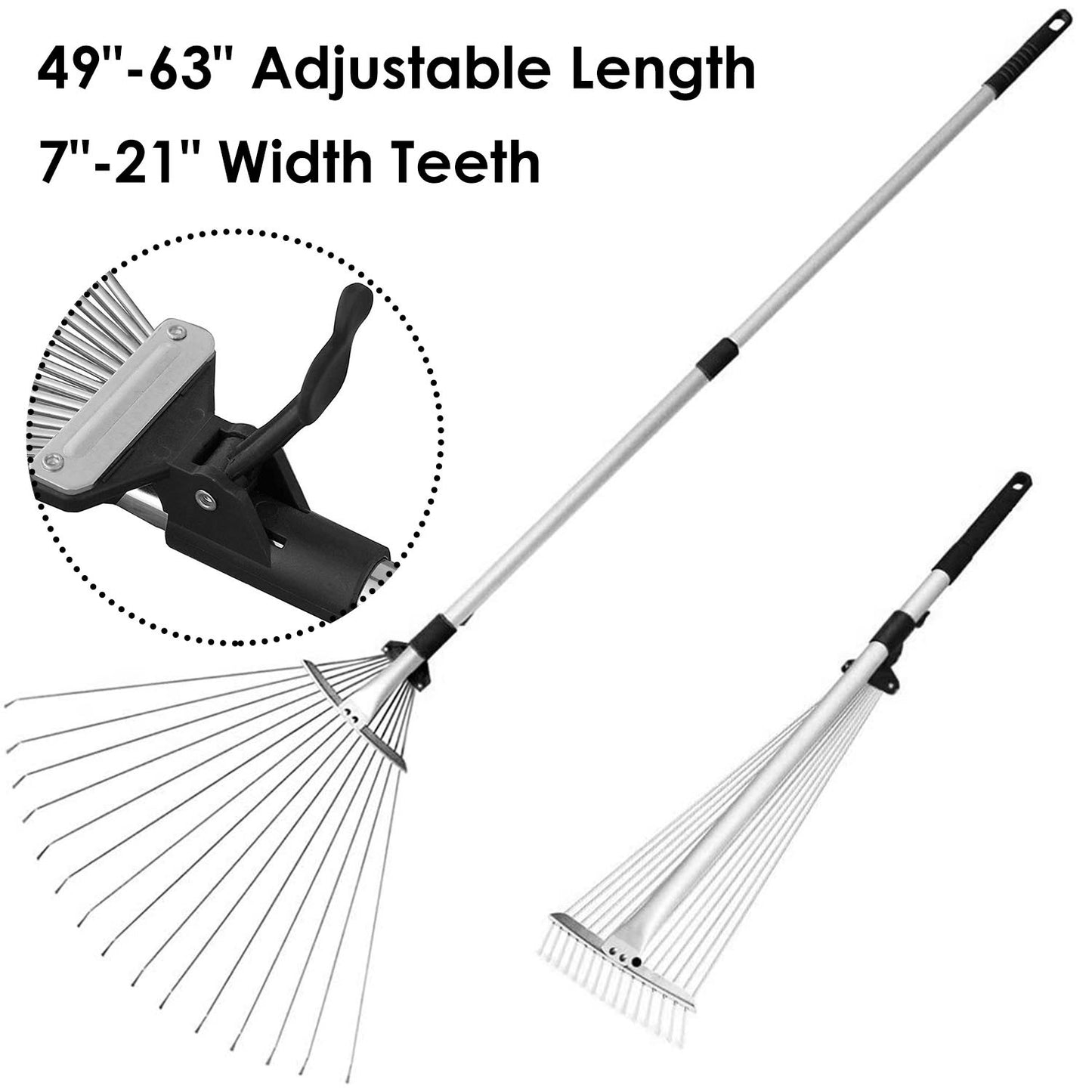 63in Adjustable Garden Leaf Rake 15 Teeth Expanding Stainless Steel Rake For Quick Clean Lawn Yard Garden