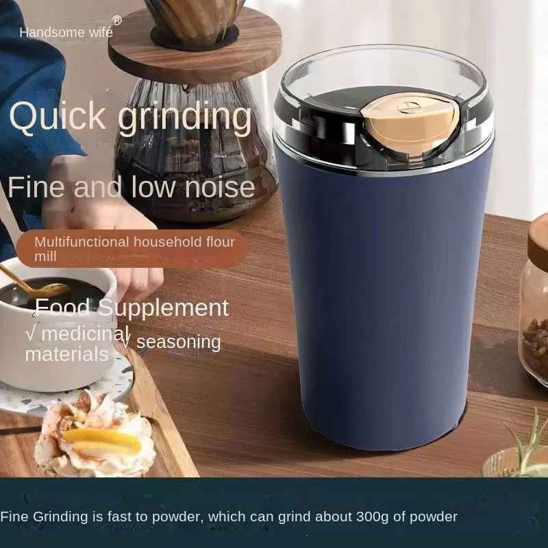 Coffee Grinder Electric, Spice Grinder, Coffee Bean Herb Grinder with Integrated Brush Spoon, One-touch Push-Button Stainless Steel Grinding for Herb Peanut Grains Beans(Blue)