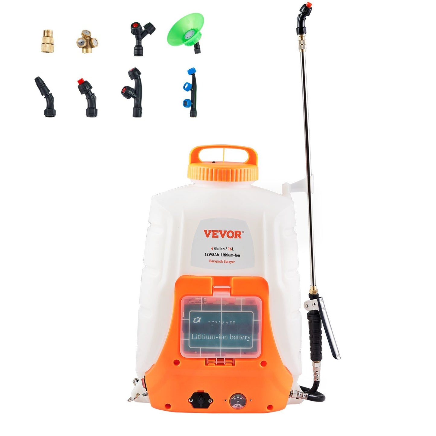 VEVOR Battery Powered Backpack Sprayer ; 4 Gal Tank; 0-90 PSI Adjustable Pressure; Back Pack Sprayer with 8 Nozzles and 2 Wands; 12V 8Ah Battery; Wide Mouth Lid for Weeding; Spraying; Cleaning