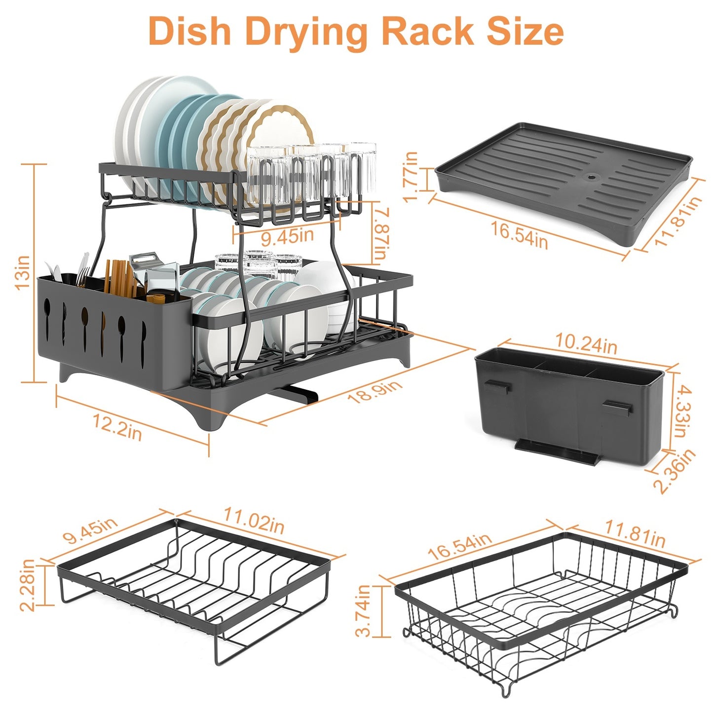 Dish Drying Rack with Drainboard Detachable 2-Tier Dish Rack Drainer Organizer Set with Utensil Holder Cup Rack Swivel Spout for Kitchen Counter