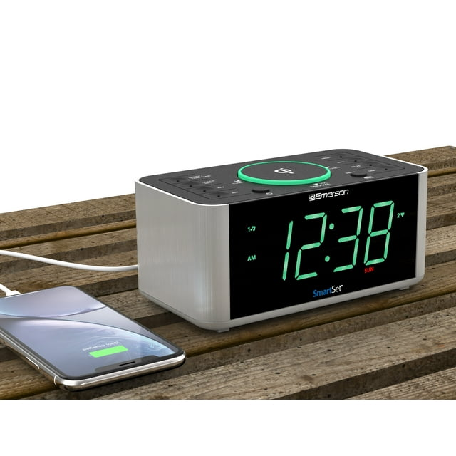 Emerson Alarm Clock Radio and Wireless Charger with Bluetooth, Compatible with iPhone XS Max/XR/XS/X/8/Plus, 10W Galaxy S10/Plus/S10E/S9, All Qi Compatible Phones, ER100202