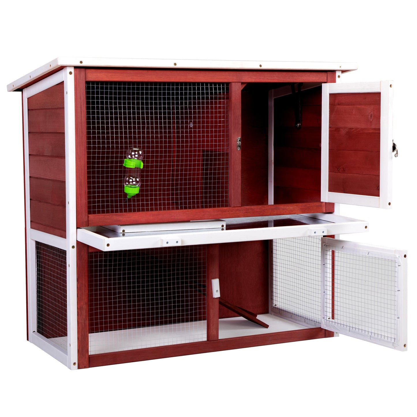 Wooden Rabbit Hutch with Pull Out Tray, Weatherproof 2-Tier Bunny Run Cage, Outdoor Animal Enclosure for Multiple Pets