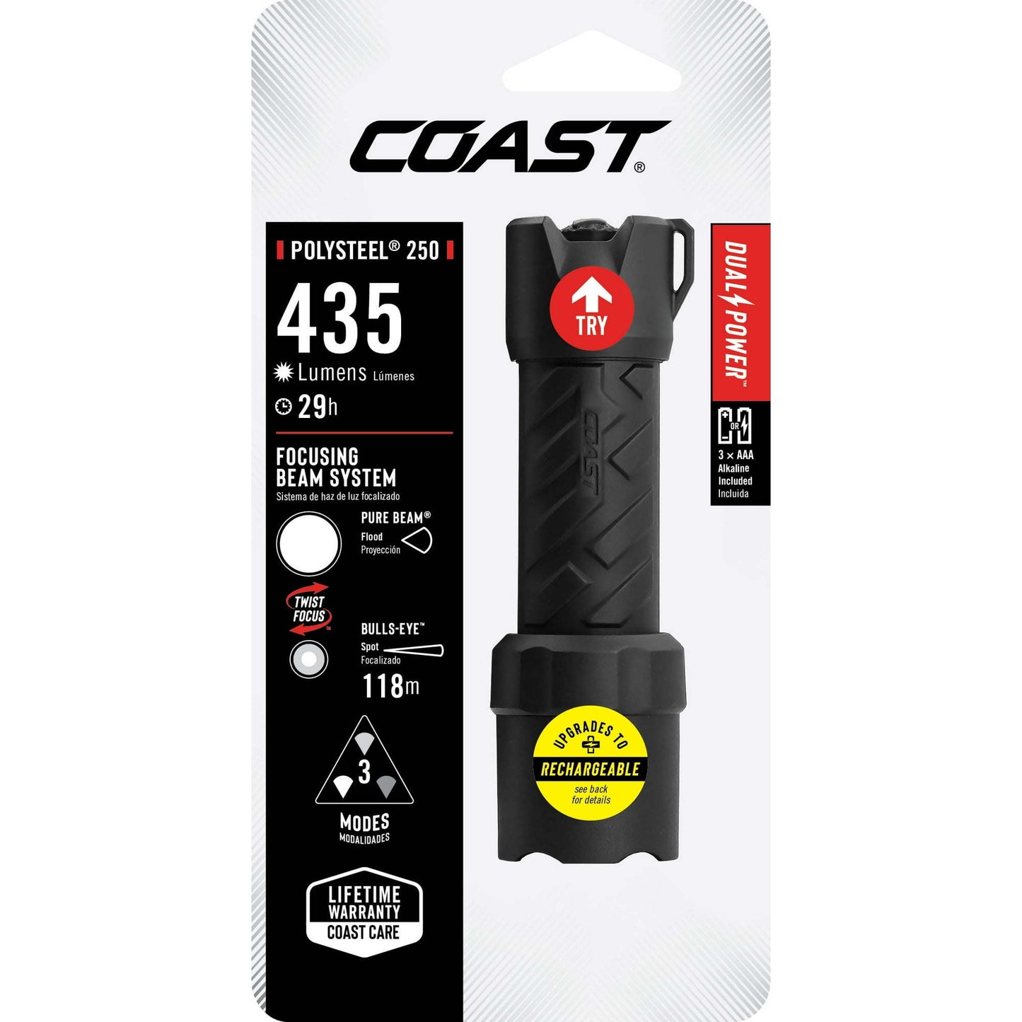 COAST Polysteel 250 Heavy-Duty 390 Lumen LED Twist Focus Flashlight with 3 x AAA Batteries, 4.1 oz.