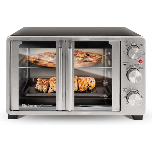 Elite Gourmet ETO2530M New Double French Door Toaster Oven fits 12" Pizza, Stainless Steel