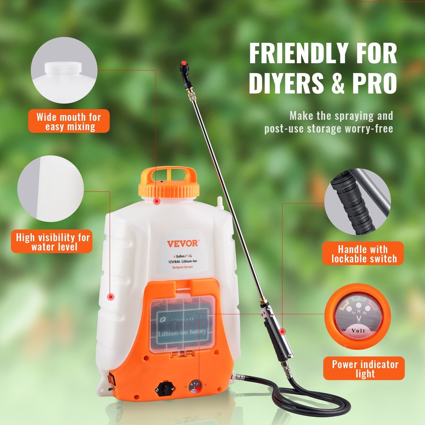 VEVOR Battery Powered Backpack Sprayer ; 4 Gal Tank; 0-90 PSI Adjustable Pressure; Back Pack Sprayer with 8 Nozzles and 2 Wands; 12V 8Ah Battery; Wide Mouth Lid for Weeding; Spraying; Cleaning