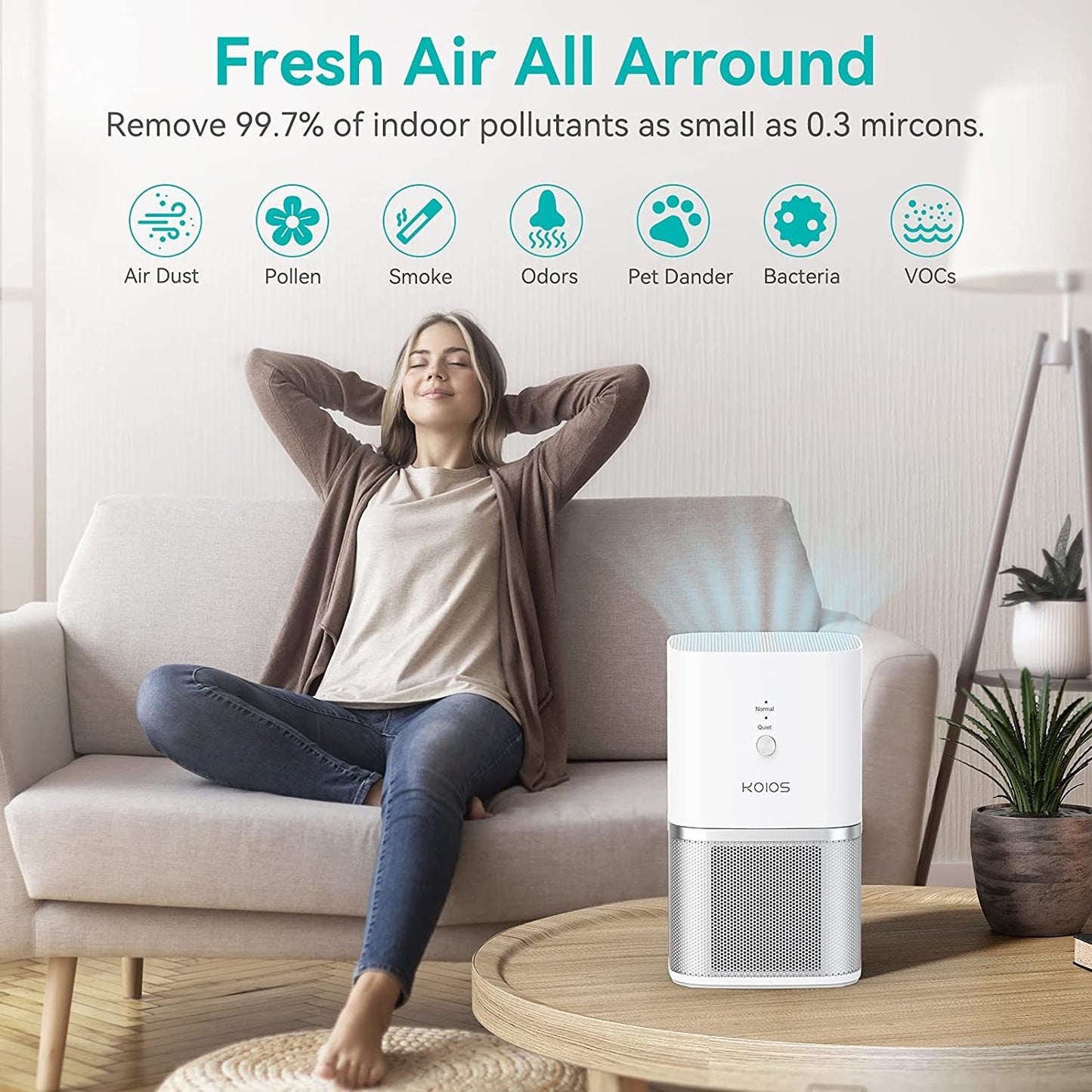 KOIOS Air Purifier for Home, Small Air Purifiers with True HEPA Filter, Air Cleaner for Bedroom Office 219ft², Remove Smoke Dust Pollen Pet Dander, Protable Odor Eliminator, No Ozone