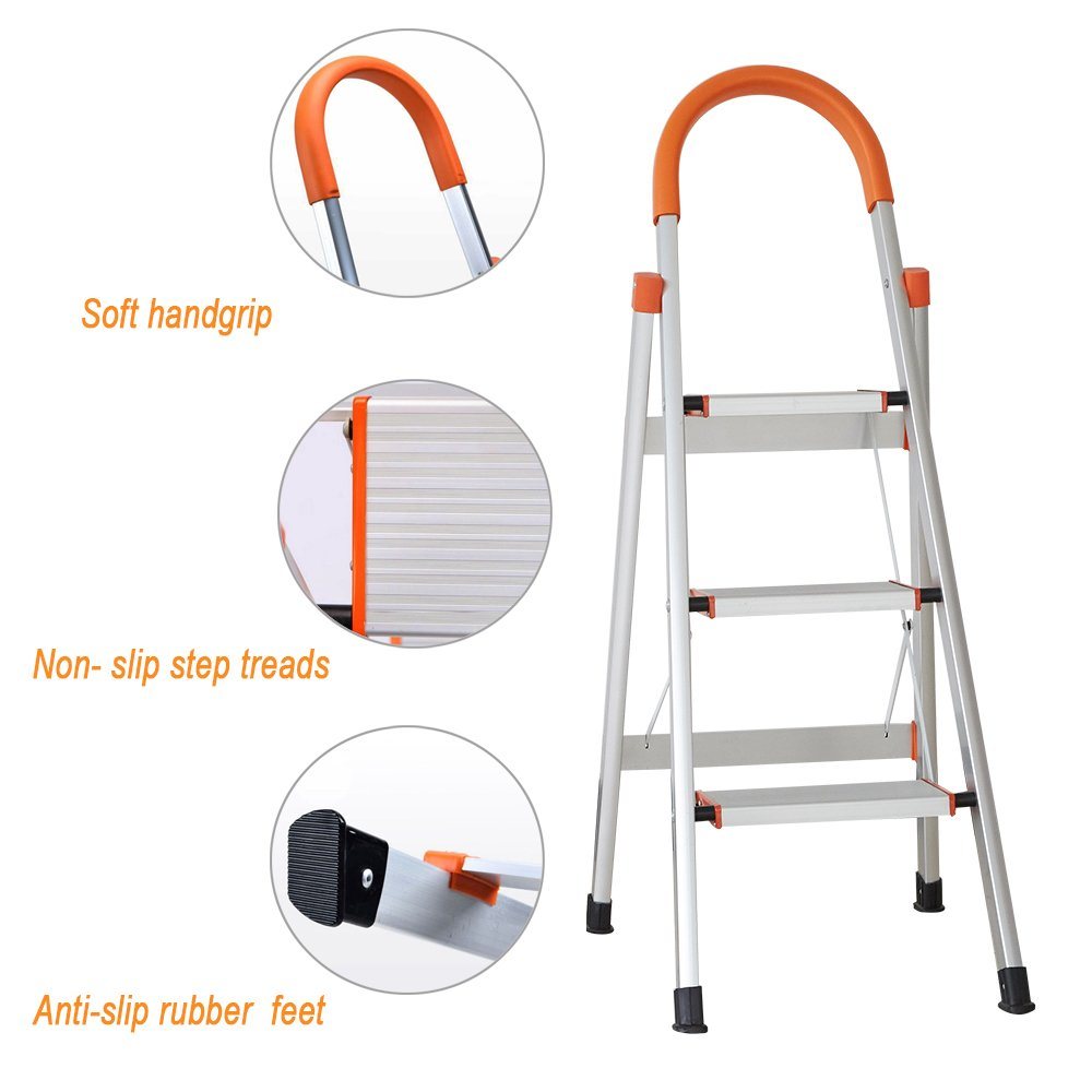 Bosonshop 3 Step Aluminum Ladder Anti-Slip Stepladder with Rubber Hand Grip 330lbs Capacity Silver