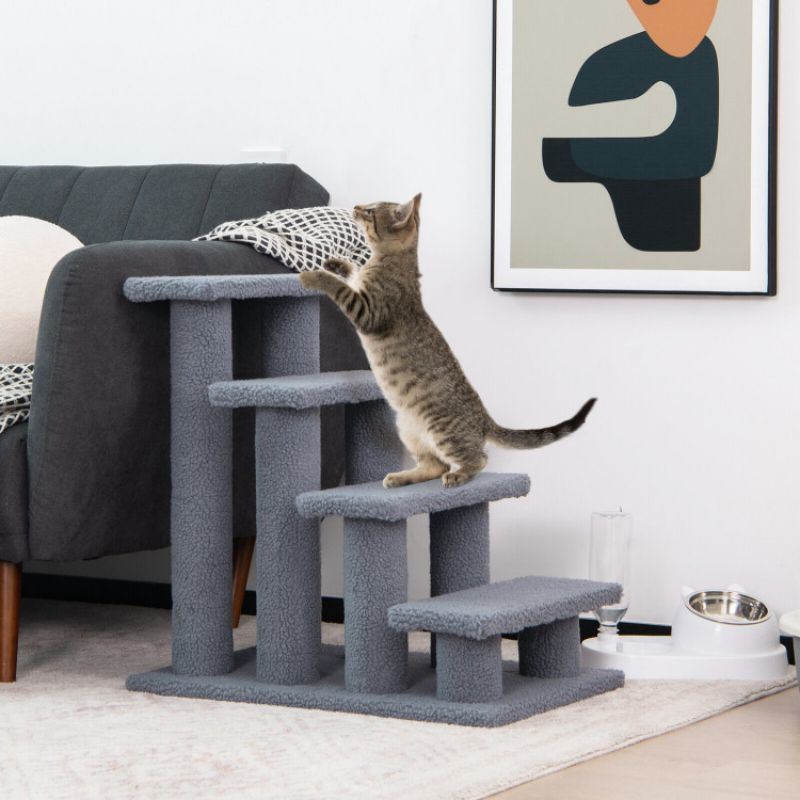 24 Inch 4-Step Pet Stairs Carpeted Ladder Ramp Scratching Post Cat Tree Climber
