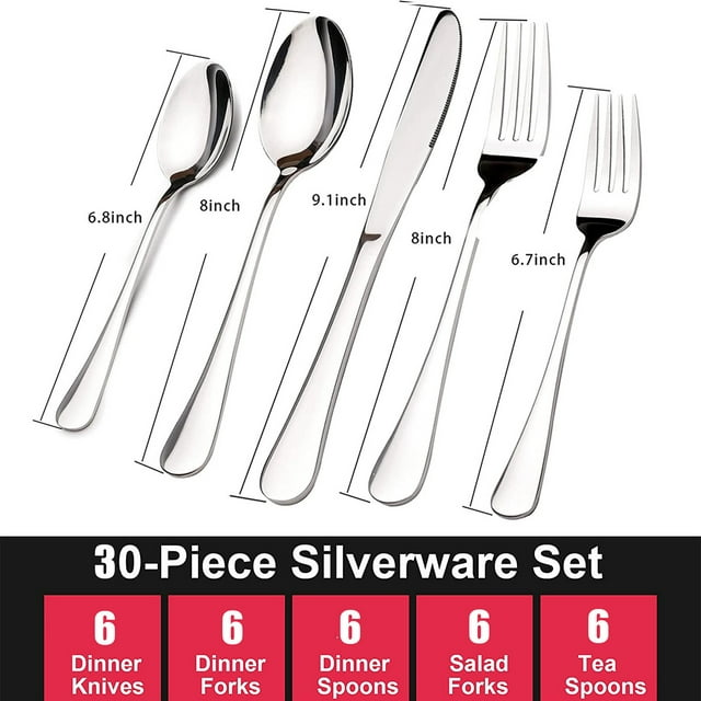 Silverware Sets, 30 Pieces Stainless Steel Flatware Set, Utensils Set Service for 6, Tableware Cutlery Set for Home and Restaurant, Knives Forks Spoons, Mirror Polished, Dishwasher Safe, Silver