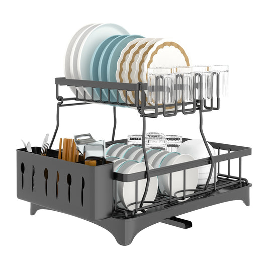 Dish Drying Rack with Drainboard Detachable 2-Tier Dish Rack Drainer Organizer Set with Utensil Holder Cup Rack Swivel Spout for Kitchen Counter