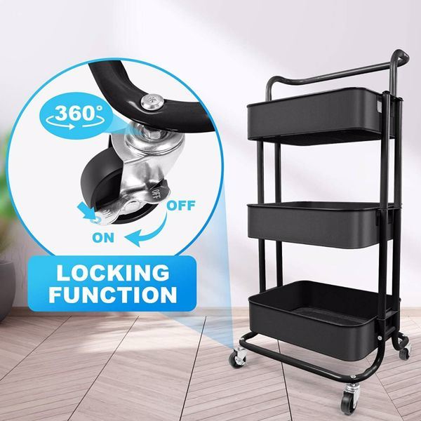 Three-layer mesh utility cart, rolling cart with handle and lockable wheel, multi-function storage rack in kitchen, living room and office-Black