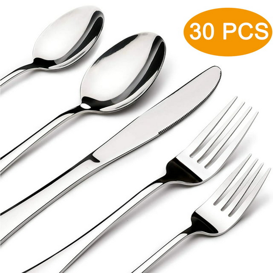 Silverware Sets, 30 Pieces Stainless Steel Flatware Set, Utensils Set Service for 6, Tableware Cutlery Set for Home and Restaurant, Knives Forks Spoons, Mirror Polished, Dishwasher Safe, Silver