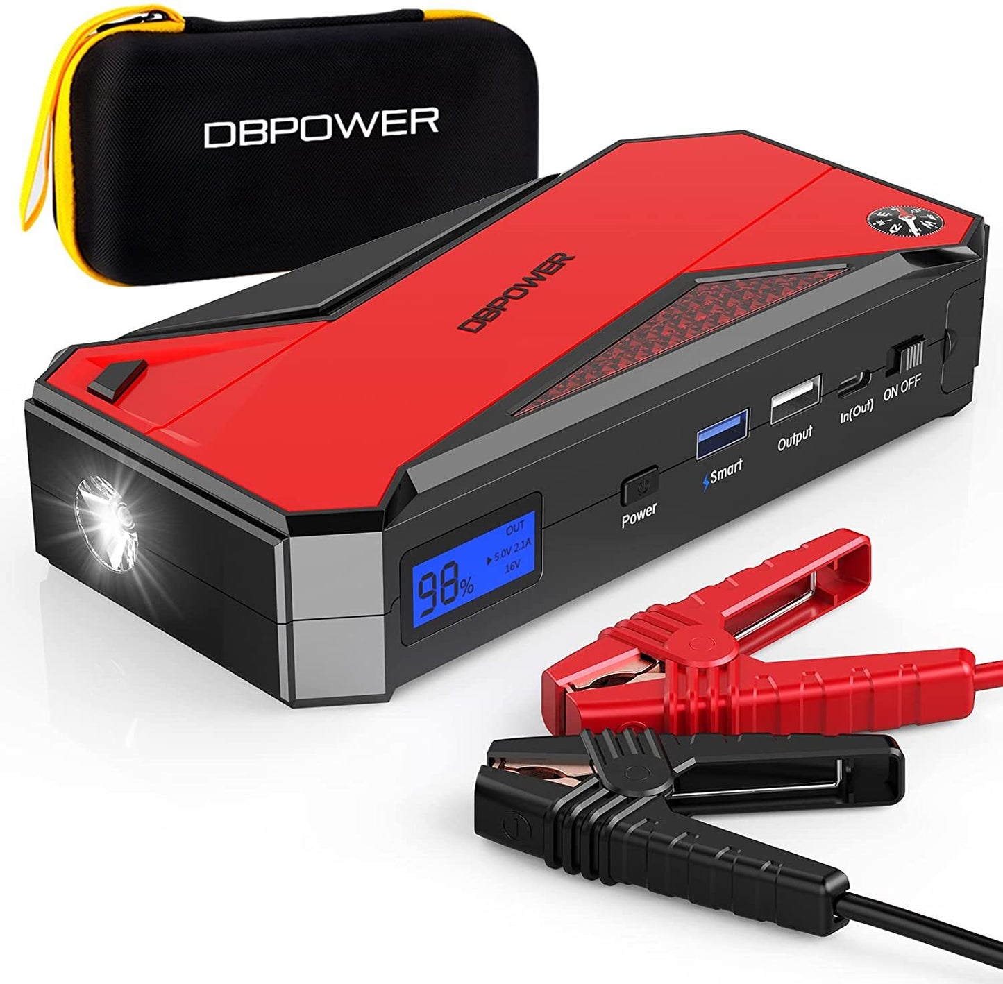 DBPOWER Car Jump Starter, 1600A Peak 18000mAh Portable Power Pack for Up to 7.2L Gas and 5.5L Diesel Engines, 12V Auto Battery Booster with LCD Display, Compass, LED Light and Type C Port