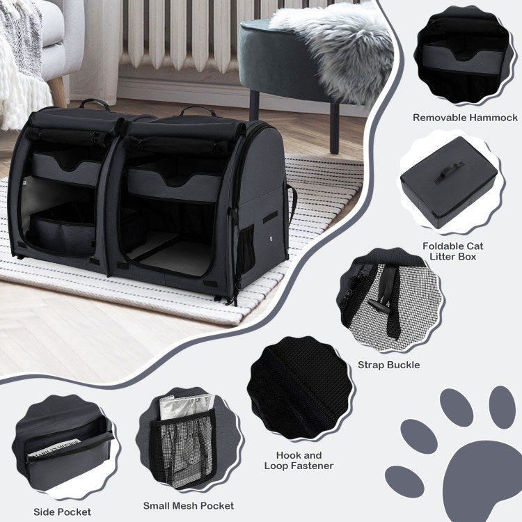 Double Compartment Pet Carrier with 2 Removable Hammocks