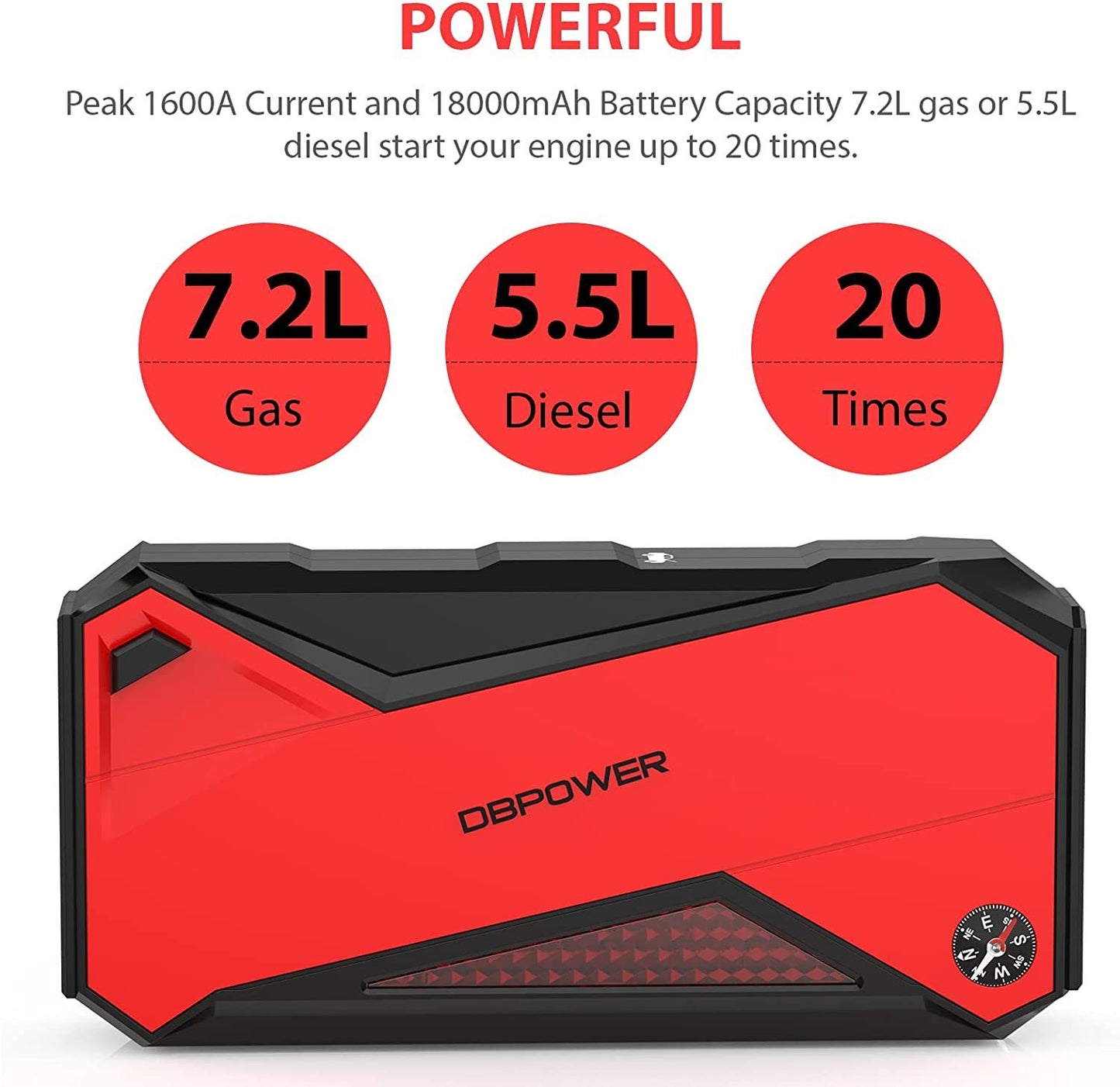 DBPOWER Car Jump Starter, 1600A Peak 18000mAh Portable Power Pack for Up to 7.2L Gas and 5.5L Diesel Engines, 12V Auto Battery Booster with LCD Display, Compass, LED Light and Type C Port