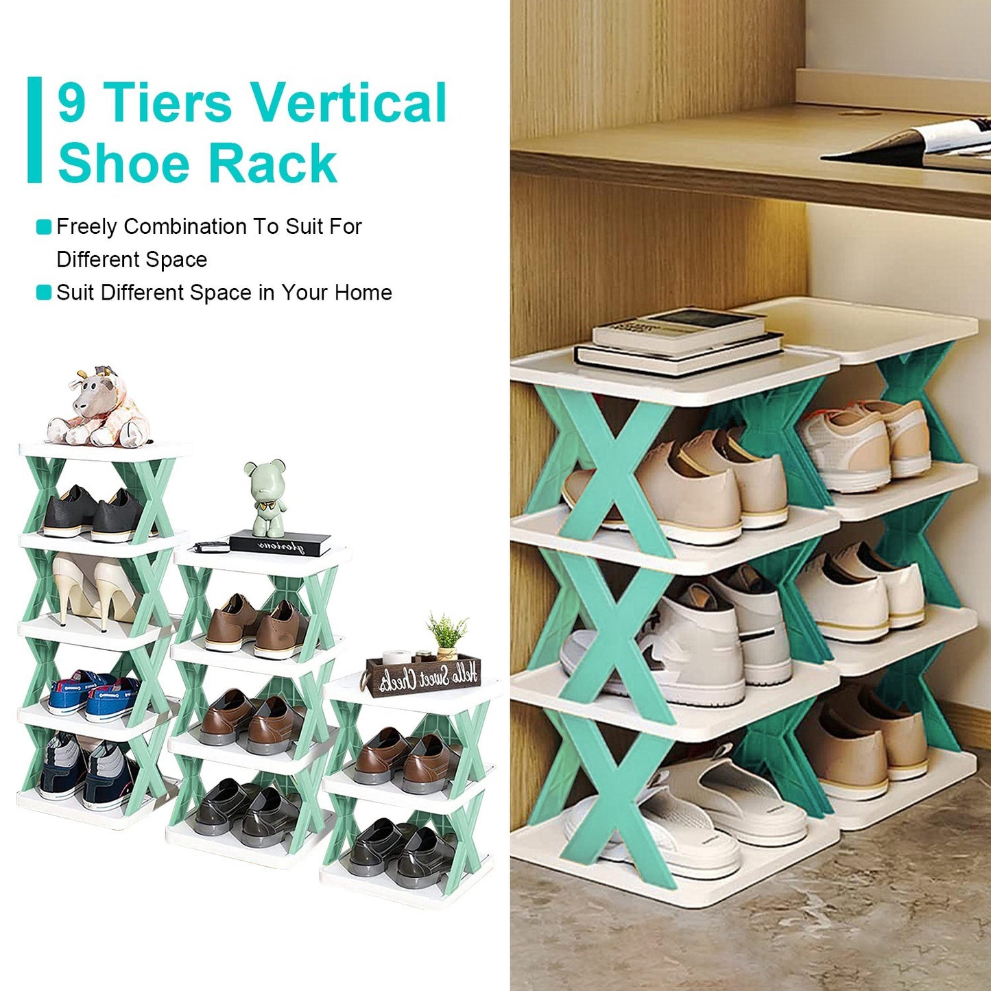 9Tier Narrow Entryway Shoe Rack Plastic Vertical Shoe Organizer Space Saving Free Standing Shoes Storage Shelf Closet Hallway